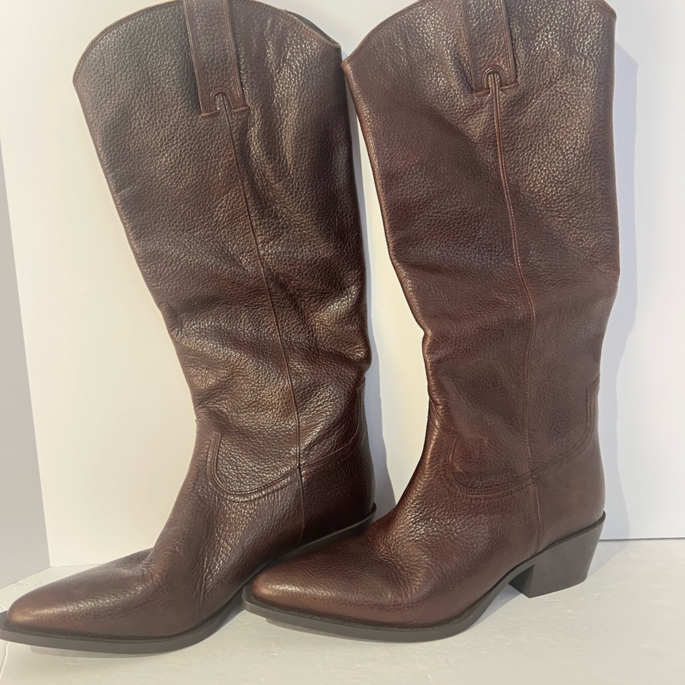 ZARA Leather Tall Pull-on Cowboy Boots. Size 10. New - Picture 11 of 16